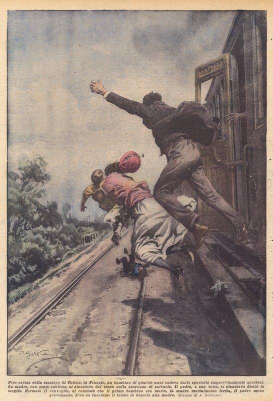 Kurz vor dem Bahnhof von Toulon in Frankreich fiel ein vierjähriges Kind aus dem Fenster... von Achille Beltrame
