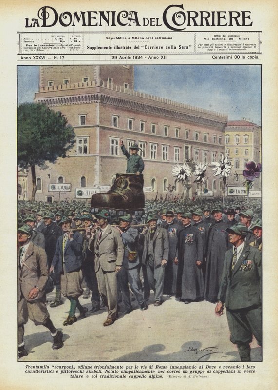 Dreißigtausend Stiefel marschieren triumphierend durch die Straßen von Rom und preisen den Duce und tragen ihre von Achille Beltrame
