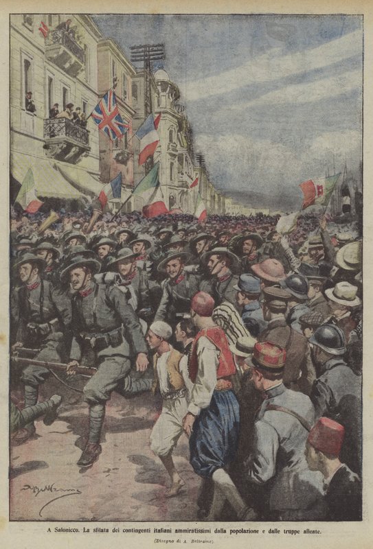 In Saloniki, die Parade der italienischen Kontingente, bewundert von der Bevölkerung und den alliierten Truppen von Achille Beltrame