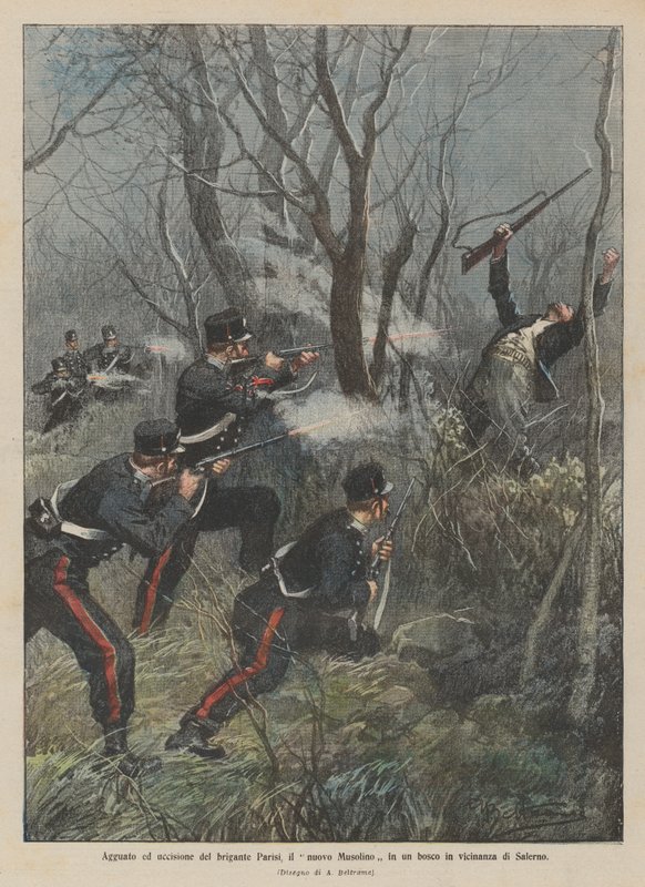 Hinterhalt und Ermordung des Banditen Parisi, des neuen Musolino, in einem Wald in der Nähe von Salerno von Achille Beltrame