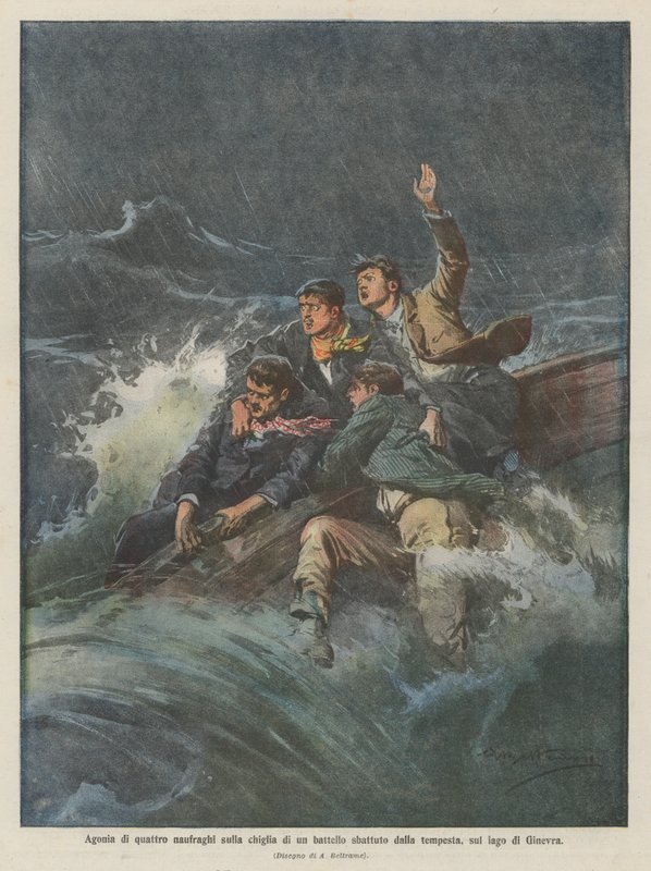 Qual von vier Schiffbrüchigen auf dem Kiel eines vom Sturm geschlagenen Bootes auf dem Genfersee von Achille Beltrame