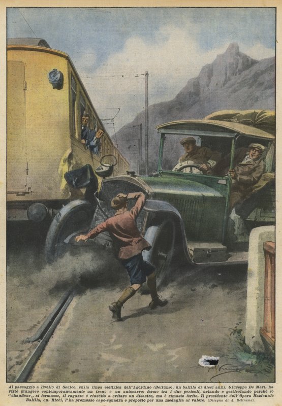 Am Bahnübergang von Sedico, auf der elektrischen Linie von Agordino (Belluno), ein Balilla von Achille Beltrame