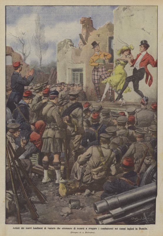 Künstler der Londoner Varietétheater, die es schafften, die Kämpfer in den Lagern zu unterhalten von Achille Beltrame