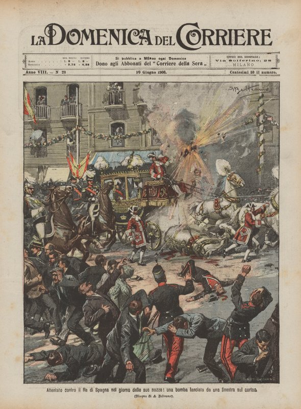 Attentat auf den König von Spanien am Tag seiner Hochzeit, eine Bombe wurde aus einem Fenster auf den Zug geworfen von Achille Beltrame