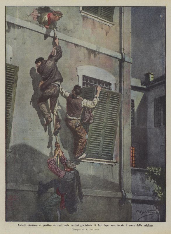 Kühne Flucht von vier Gefangenen aus dem Gerichtsgefängnis von Asti nach dem Durchbrechen der Gefängnismauer von Achille Beltrame