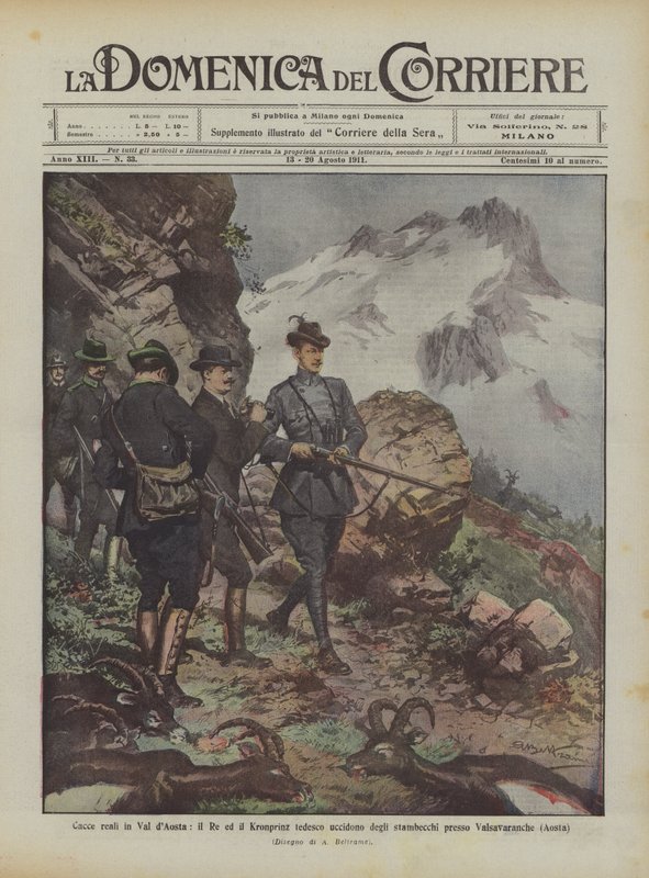 Königliche Jagden im Aostatal, der König und der deutsche Kronprinz töten Steinböcke bei Valsavaranche (Aosta) von Achille Beltrame
