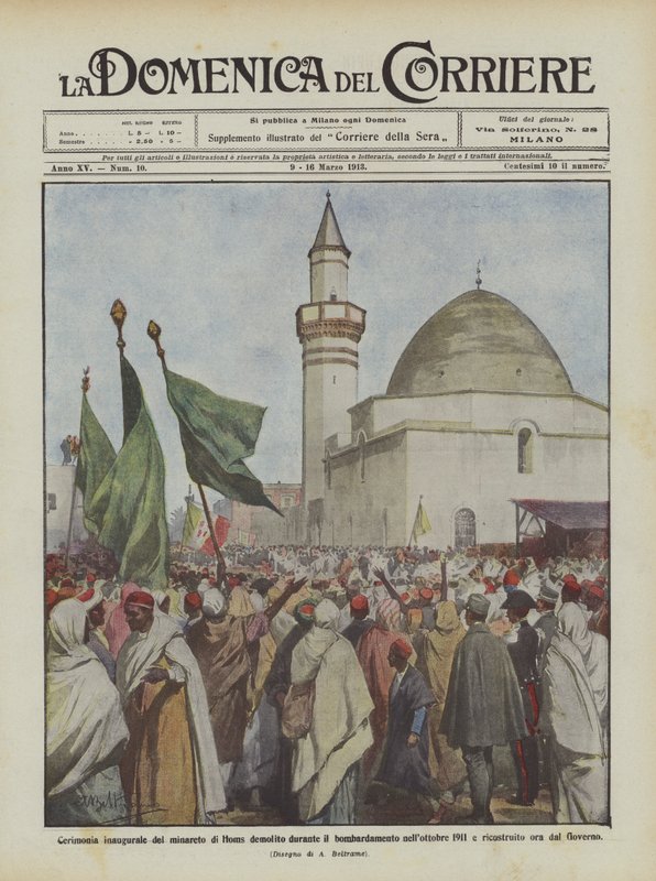 Einweihungszeremonie des Minaretts von Homs, das während des Bombardements im Oktober 1911 zerstört wurde von Achille Beltrame