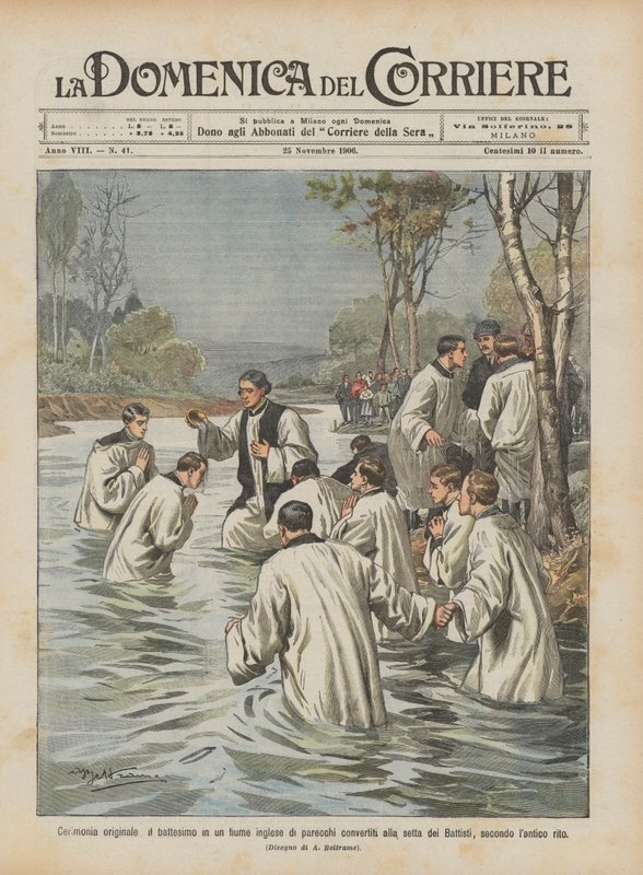 Originelle Zeremonie, die Taufe mehrerer Konvertiten in einem englischen Fluss von Achille Beltrame