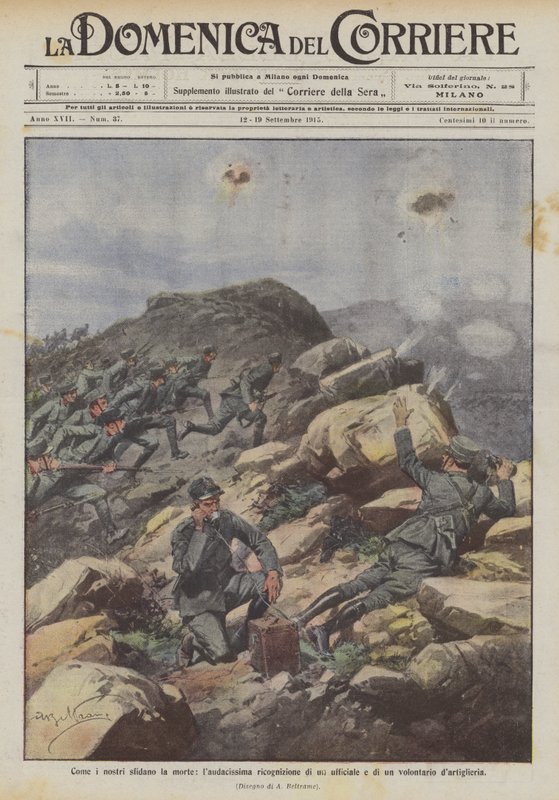 Wie unsere Truppen den Tod herausfordern, eine sehr gewagte Erkundung eines Offiziers und eines Freiwilligen der Artillerie von Achille Beltrame