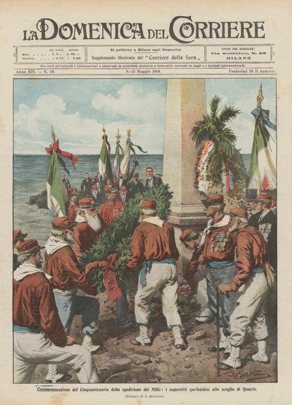 Gedenkfeier zum fünfzigsten Jahrestag der Expedition der Tausend, die überlebenden Garibaldianer am Felsen von Quarto von Achille Beltrame