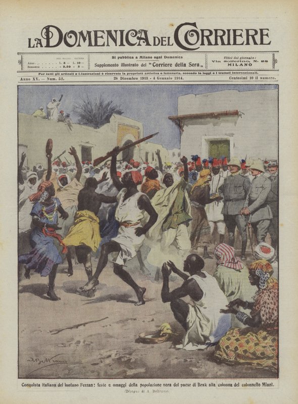Italienische Eroberung des fernen Fezzan, Feste und Ehrungen der schwarzen Bevölkerung des Dorfes Brak von Achille Beltrame