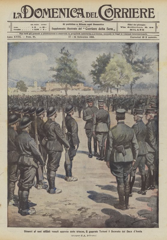 Vor seinen Soldaten, die extra aus den Schützengräben gekommen sind, wird General Tettoni vom Herzog von Aosta dekoriert von Achille Beltrame