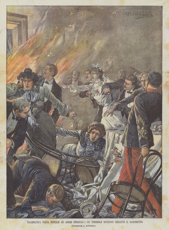 Dramatische Hochzeitsfeier in Arras (Frankreich), ein schrecklicher Brand während des Banketts von Achille Beltrame