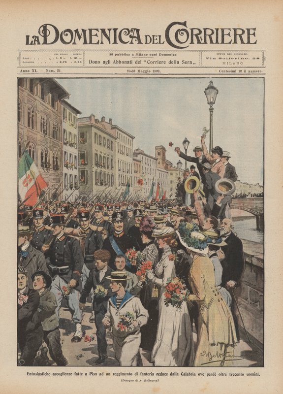 Begeisterte Begrüßungen in Pisa für ein Infanterieregiment, das aus Kalabrien zurückkehrt von Achille Beltrame