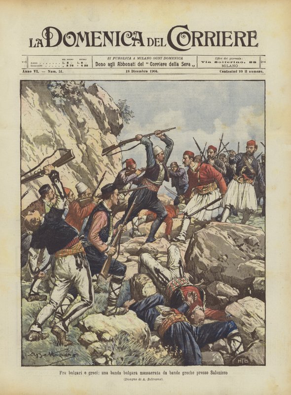 Zwischen Bulgaren und Griechen, eine bulgarische Bande von griechischen Banden bei Saloniki massakriert von Achille Beltrame