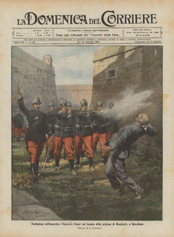 Erschießung des Anarchisten Francesco Ferrer im Graben des Gefängnisses von Montjuich in Barcelona von Achille Beltrame