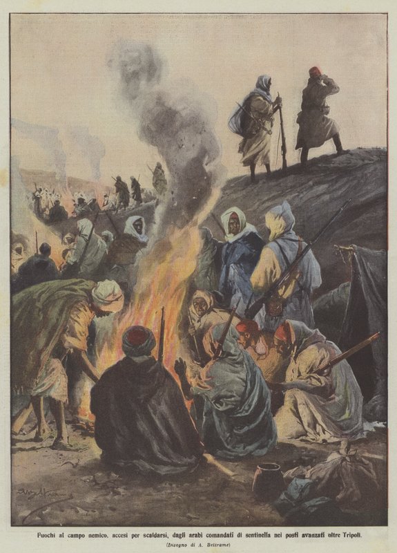 Feuer im feindlichen Lager, von den Arabern entzündet, um sich zu wärmen, die als Wachen in den vorgeschobenen Posten jenseits von Tripolis stationiert sind von Achille Beltrame