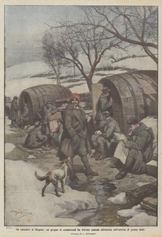 Die Nachahmer von Diogenes, eine Gruppe von Kämpfern hat eine bequeme Unterkunft in großen Fässern gefunden von Achille Beltrame