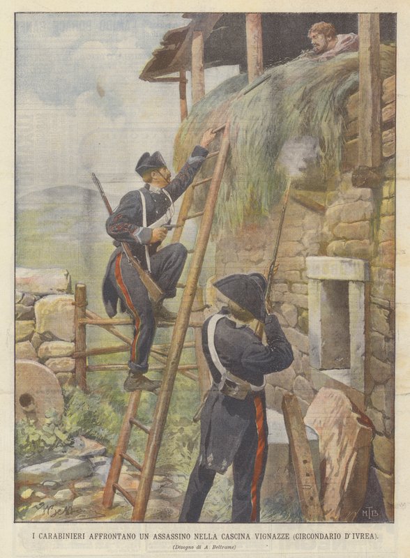 Die Carabinieri stellen sich einem Mörder in der Cascina Vignazze (Bezirk Ivrea) von Achille Beltrame
