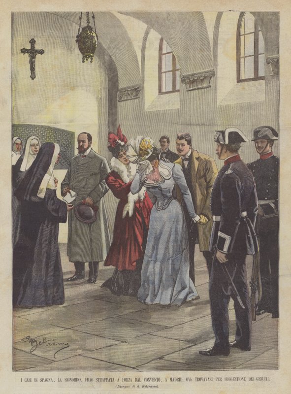 Die Fälle von Spanien, Fräulein Ubao wird gewaltsam aus dem Kloster in Madrid herausgeholt, wo sie sich befand von Achille Beltrame
