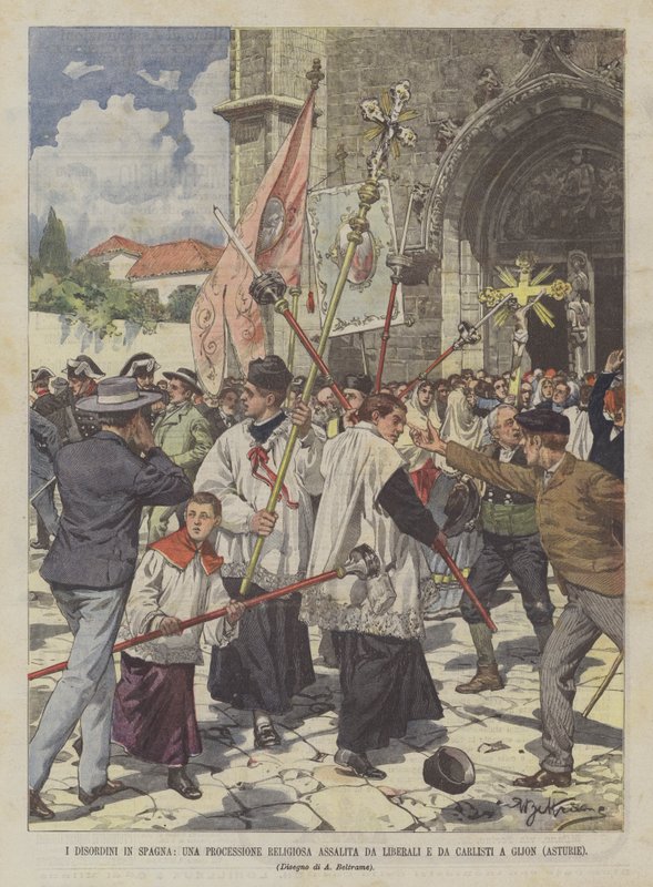 Die Unruhen in Spanien, ein religiöser Umzug von Liberalen und Karlisten in Gijon (Asturien) angegriffen von Achille Beltrame