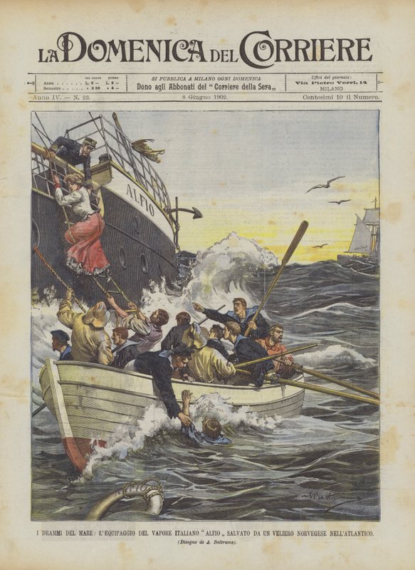 Die Dramen des Meeres, die Besatzung des italienischen Dampfers Alfio wird von einem norwegischen Segelschiff im Atlantik gerettet von Achille Beltrame