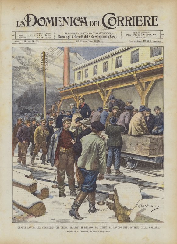 Die großen Arbeiten des Simplons, die italienischen Arbeiter gehen von Iselle zur Arbeit in die Galerie von Achille Beltrame
