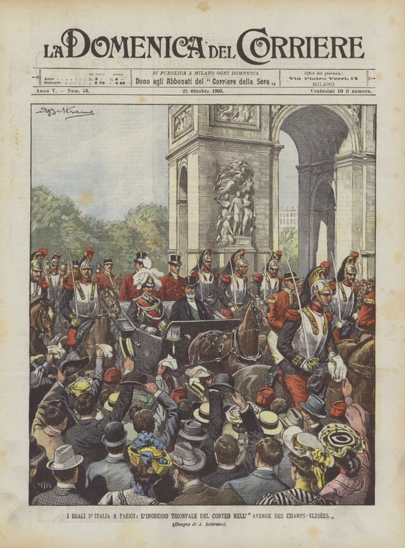 Die italienischen Royals in Paris, der triumphale Einzug des Zuges in die Avenue des Champs-Elysees von Achille Beltrame