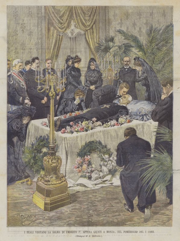 Die Könige besuchen den Leichnam von Umberto I. bei ihrer Ankunft in Monza am Nachmittag des 1. dieses Monats von Achille Beltrame