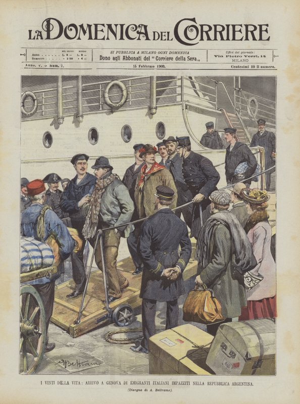 Die Besiegten des Lebens, Ankunft italienischer Auswanderer, die in der argentinischen Republik verrückt geworden sind, in Genua von Achille Beltrame