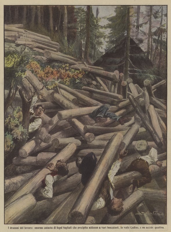 Die Dramen der Arbeit, ein riesiger Stapel gefällter Bäume stürzt auf mehrere Holzfäller von Achille Beltrame