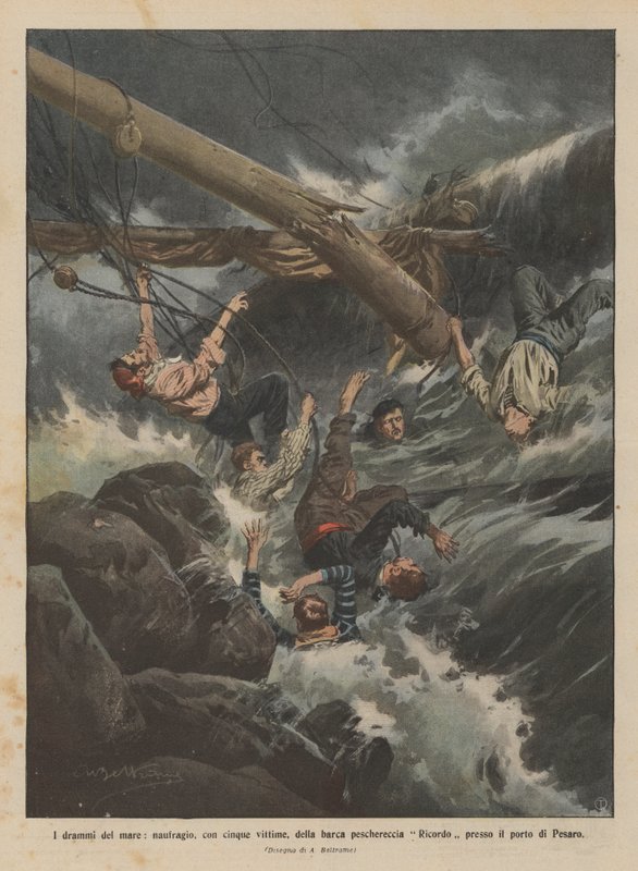 Die Dramen des Meeres, Schiffbruch des Fischerbootes Ricordo mit fünf Opfern in der Nähe des Hafens von Pesaro von Achille Beltrame