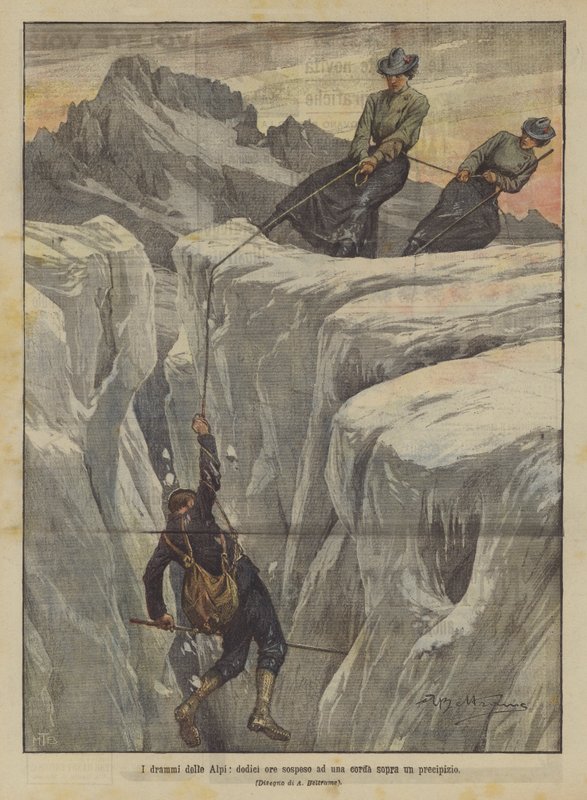 Die Dramen der Alpen, zwölf Stunden an einem Seil über einem Abgrund hängend von Achille Beltrame