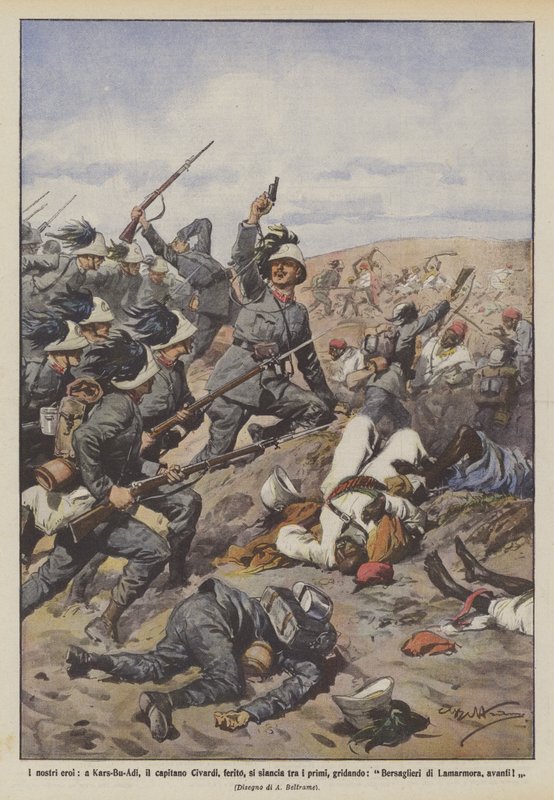 Unsere Helden, in Kars-Bu-Adi, Hauptmann Civardi, verwundet, stürmt unter den Ersten voran von Achille Beltrame