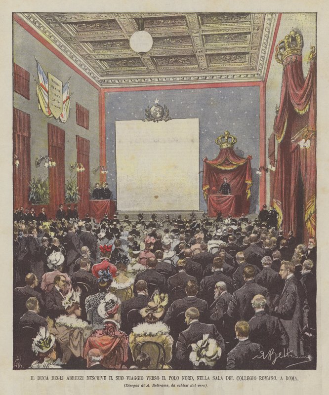 Der Herzog der Abruzzen beschreibt seine Reise zum Nordpol im Saal des Collegio Romano in Rom von Achille Beltrame
