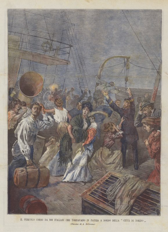Die Gefahr für 900 Italiener, die auf der Città di Torino in die Heimat zurückkehrten von Achille Beltrame