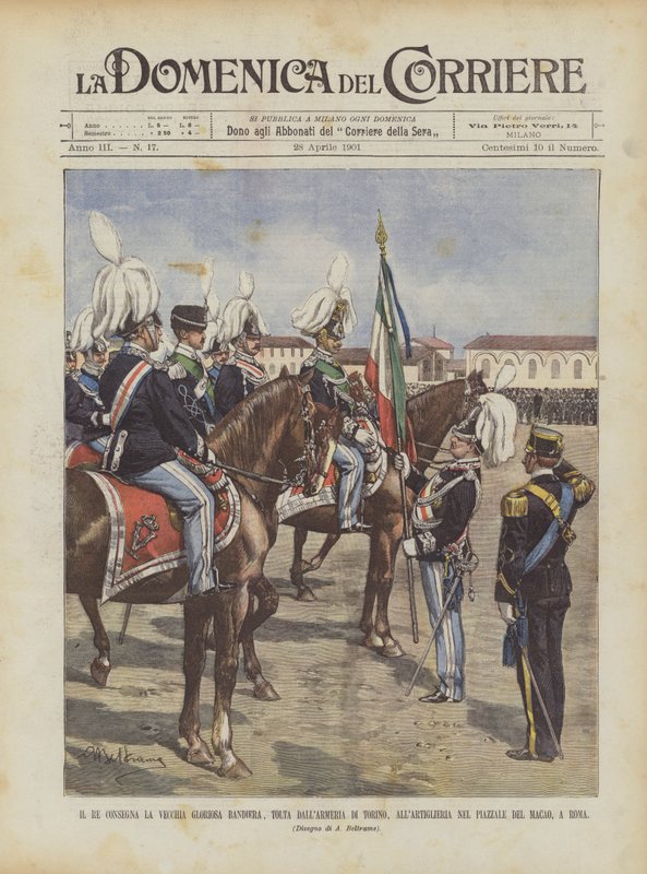 Der König übergibt die alte, ruhmreiche Fahne, die aus der Waffenkammer von Turin stammt, an die Artillerie von Achille Beltrame