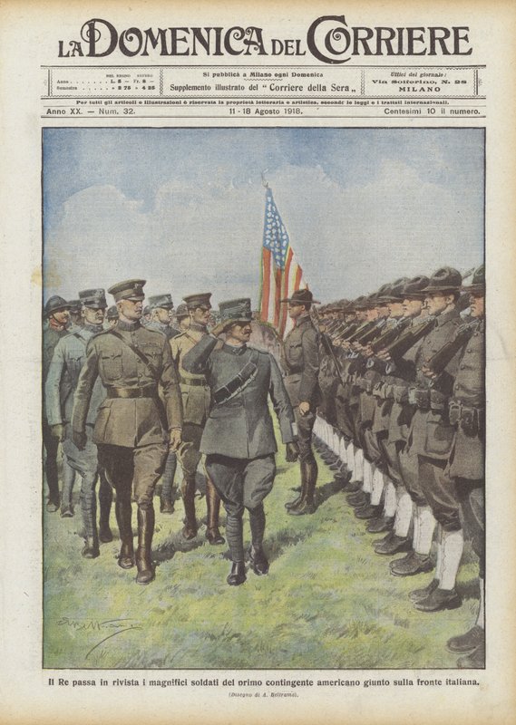 Der König Inspiziert Die Prächtigen Soldaten Des Ersten Amerikanischen Kontingents, Das An Der Italienischen Front Ankam von Achille Beltrame