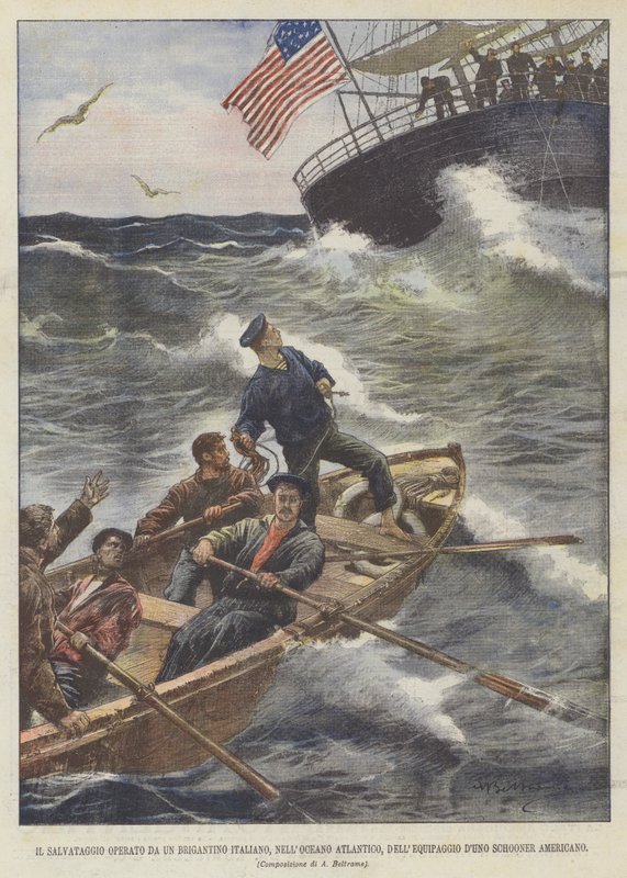 Die Rettung durch einen italienischen Schoner im Atlantischen Ozean, die Besatzung eines amerikanischen Schoners von Achille Beltrame