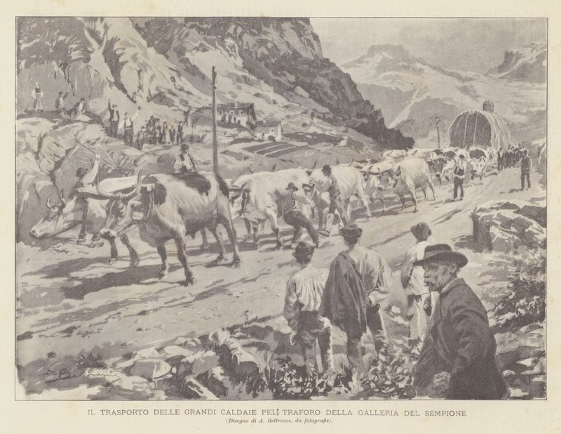 Der Transport der großen Kessel für den Simplontunnel von Achille Beltrame