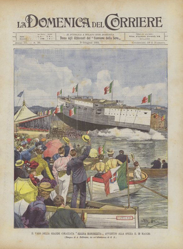 Der Stapellauf des großen Schlachtschiffs Regina Margherita in La Spezia am 30. Mai von Achille Beltrame