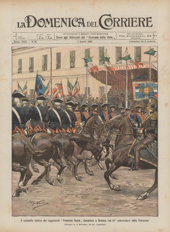 Das historische Karussell des Regiments Piemonte Reale Cavalleria in Brescia, zum 57. Jahrestag der Storzesca von Achille Beltrame