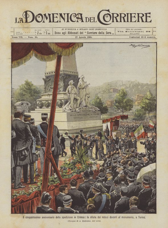 Das fünfzigste Jubiläum der Krimexpedition, die Parade der Veteranen vor dem Denkmal in Turin von Achille Beltrame