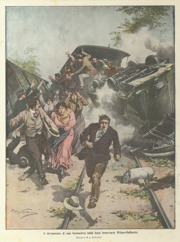 Die Entgleisung einer Lokomotive auf der Straßenbahnlinie Mailand-Gallarate von Achille Beltrame