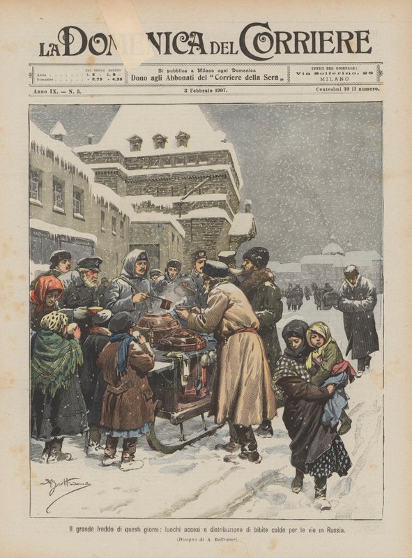 Die große Kälte dieser Tage, Feuerstellen und Verteilung von heißen Getränken auf den Straßen in Russland von Achille Beltrame