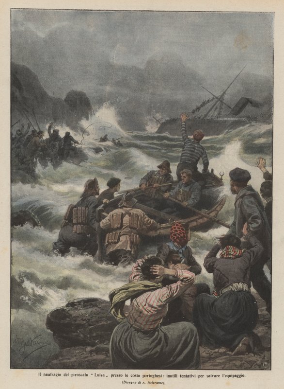 Das Schiffsunglück des Dampfers Luisa vor der portugiesischen Küste, vergebliche Versuche, die Besatzung zu retten von Achille Beltrame