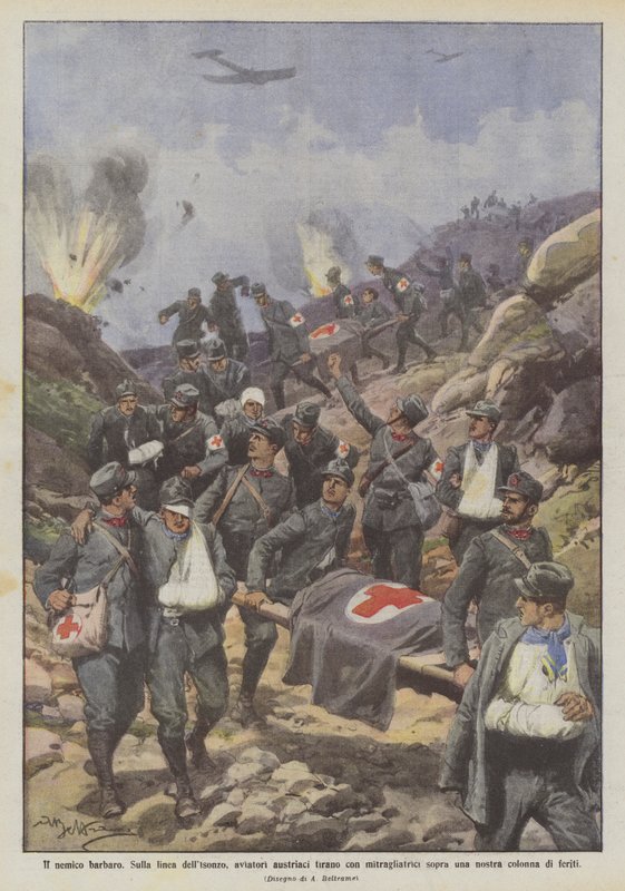 Der barbarische Feind, an der Isonzo-Front, österreichische Flieger schießen mit Maschinengewehren von Achille Beltrame