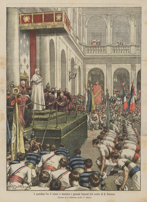 Papst Pius X. empfängt und segnet die französischen Turner im Hof von S. Damaso von Achille Beltrame
