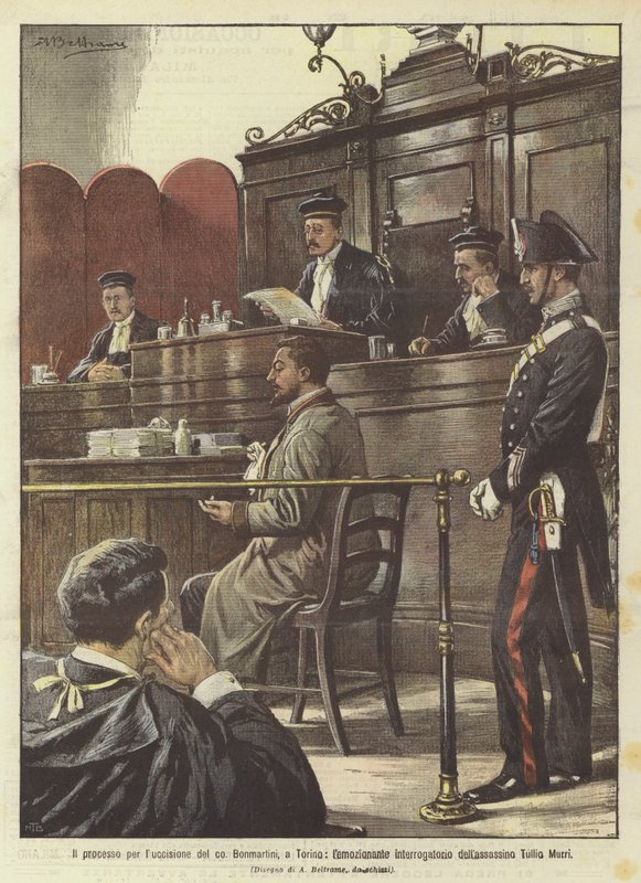 Der Prozess wegen der Ermordung des Grafen Bonmartini in Turin, das emotionale Verhör des Mörders Tullio Murri von Achille Beltrame