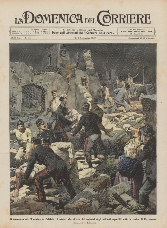 Das Erdbeben vom 23. Oktober in Kalabrien, Soldaten suchen nach den Leichen der Bewohner von Achille Beltrame